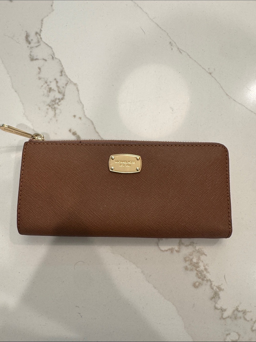 Michael Kors Brown Saffiano Zip Wallet with Gold Plaque